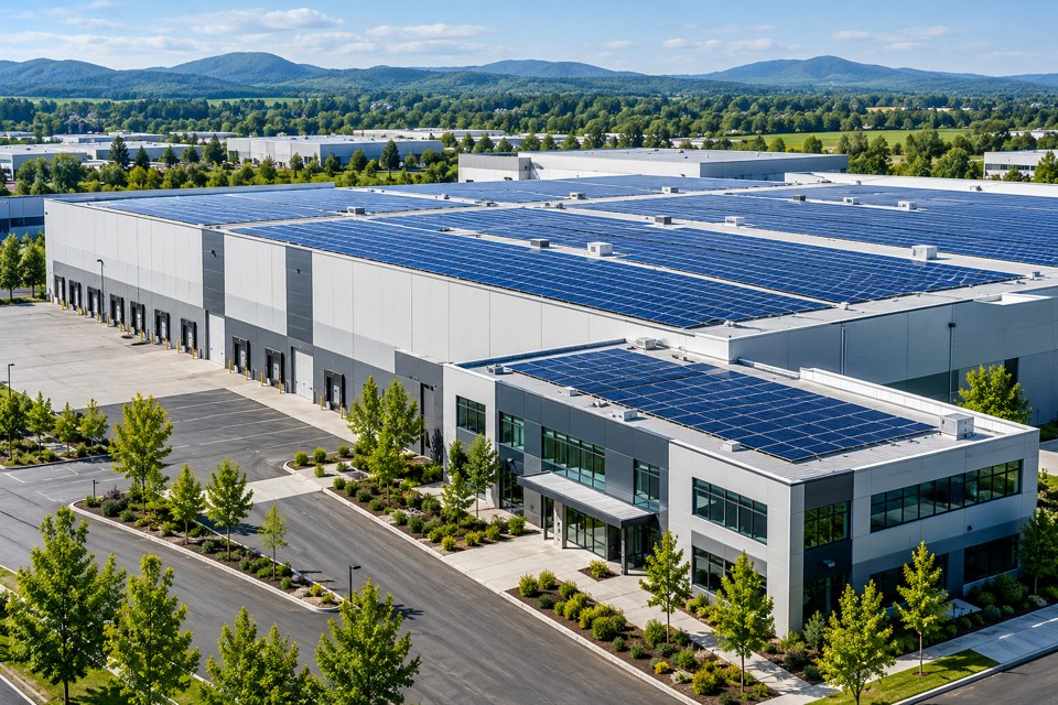 Commercial & industrial rooftop solar installation illustration