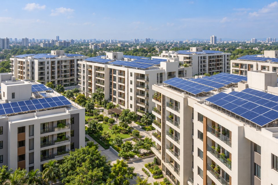 Housing societies rooftop solar installation illustration